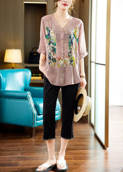 Purple V Neck Patchwork Print Cotton Tops Half Sleeve