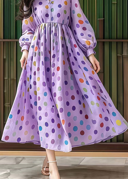 Purple V Neck Print Cotton Party Dress Fall