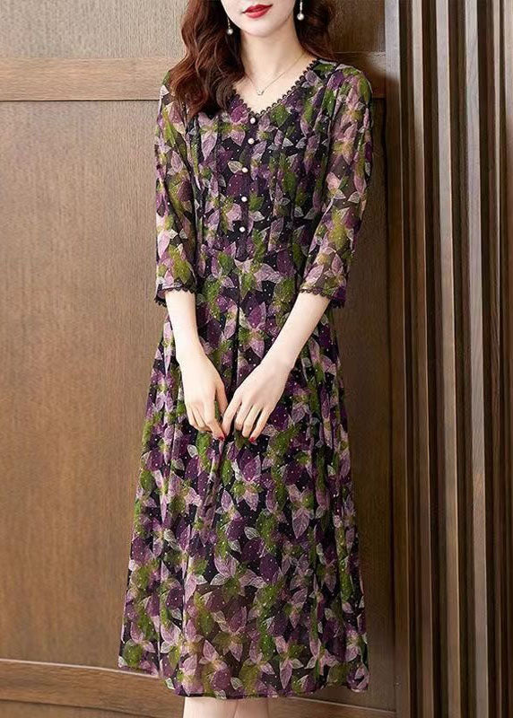 Purple V Neck Print Patchwork Tulle Dress Bracelet Sleeve