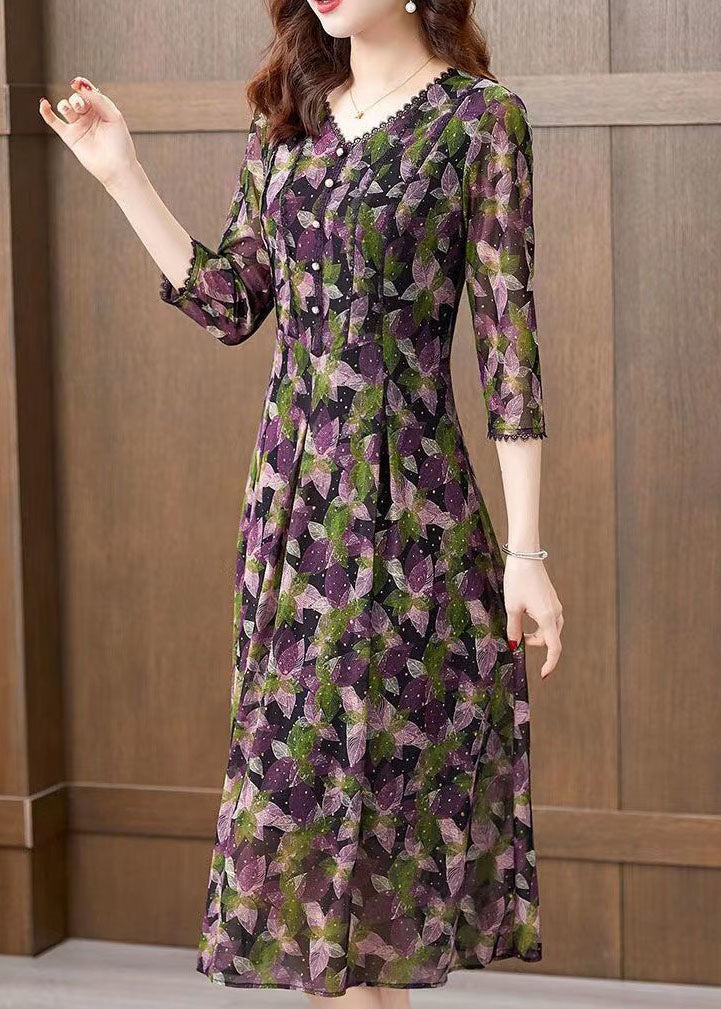 Purple V Neck Print Patchwork Tulle Dress Bracelet Sleeve