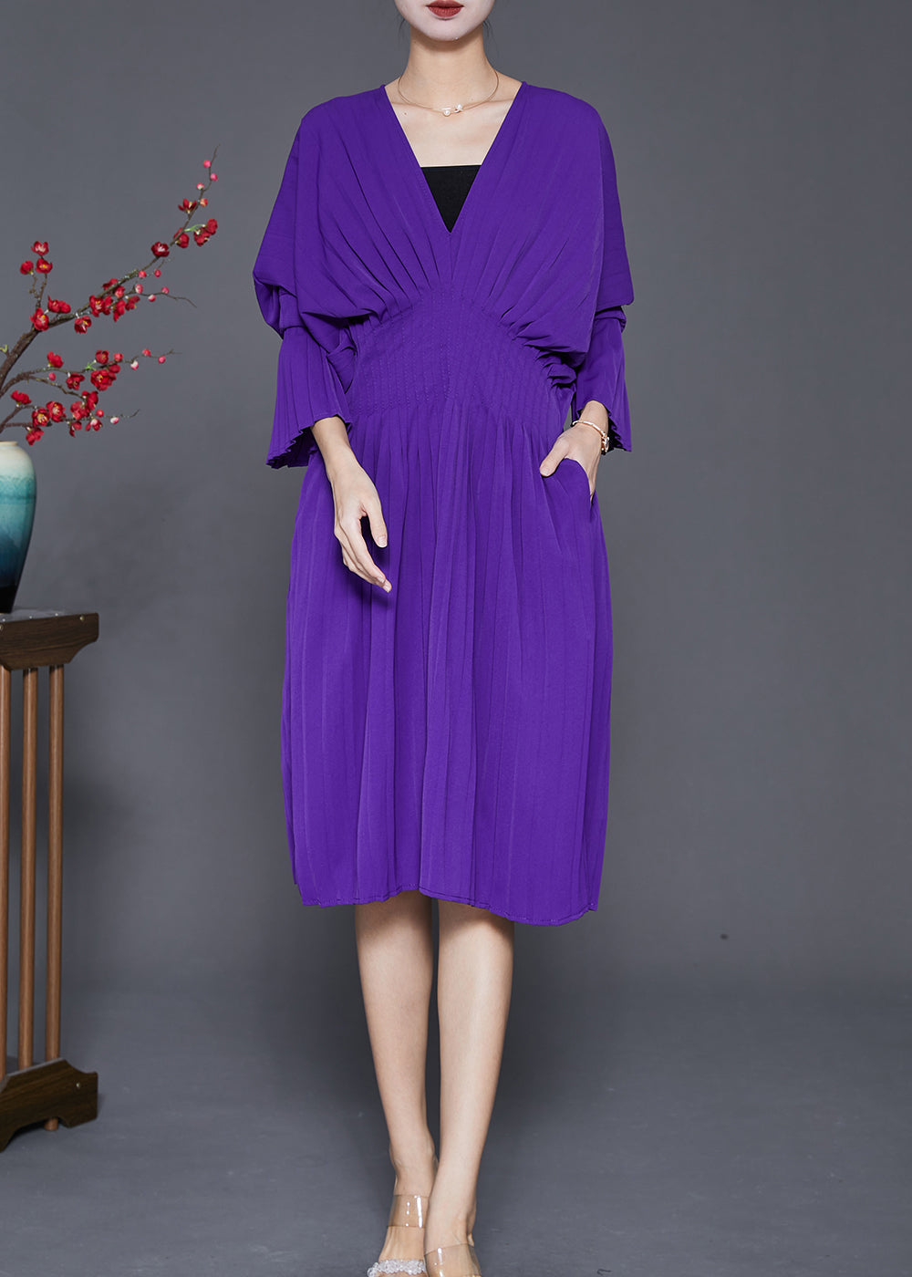 Purple V Neck Silm Fit Cotton Pleated Dress Fall