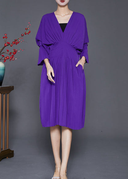 Purple V Neck Silm Fit Cotton Pleated Dress Fall