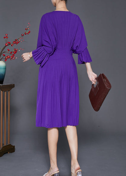 Purple V Neck Silm Fit Cotton Pleated Dress Fall