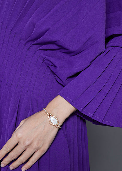 Purple V Neck Silm Fit Cotton Pleated Dress Fall