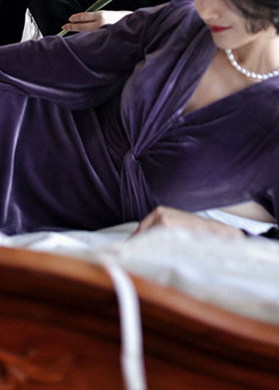 Purple V Neck Slim Fit Silk Velour Dresses Long Sleeve