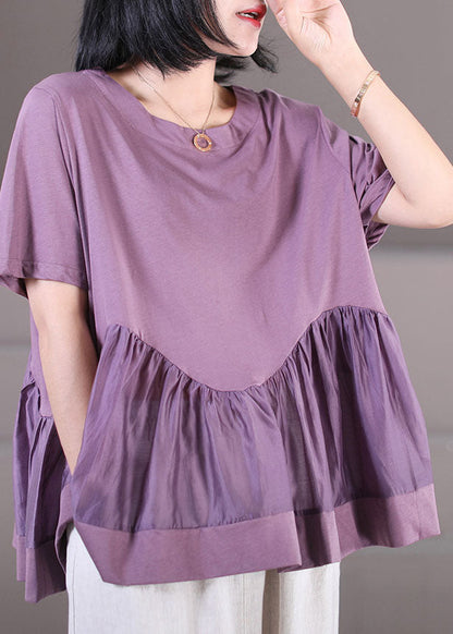 Purple Wrinkled Patchwork Cotton Loose Tank Tops Short Sleeve
