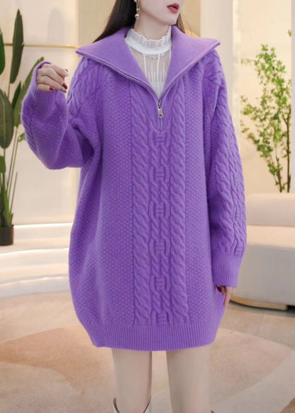 Purple Zip Up Cozy Knit Sweaters Winter
