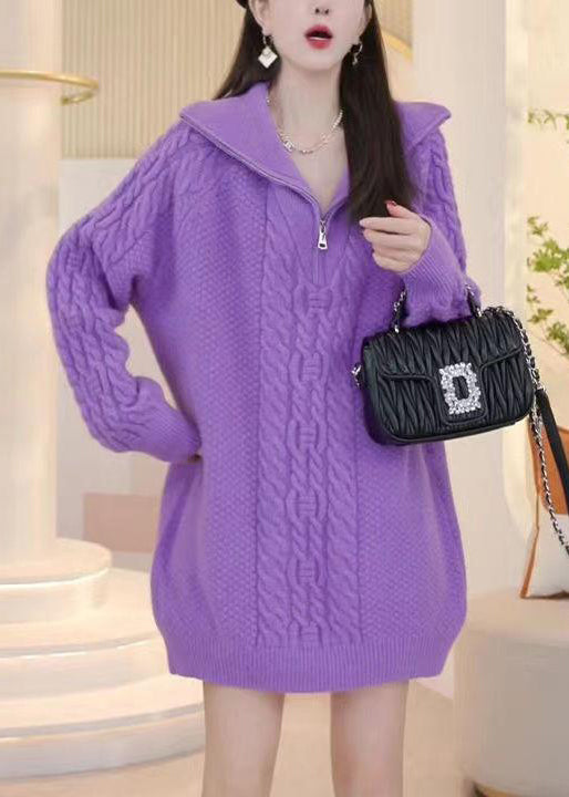 Purple Zip Up Cozy Knit Sweaters Winter