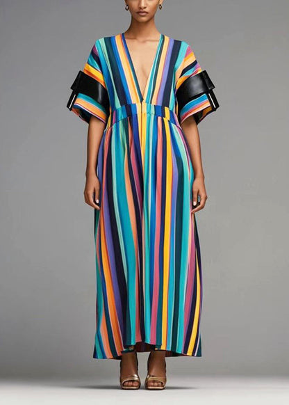 Rainbow Deep-v Neck Striped Cotton Dresses Summer