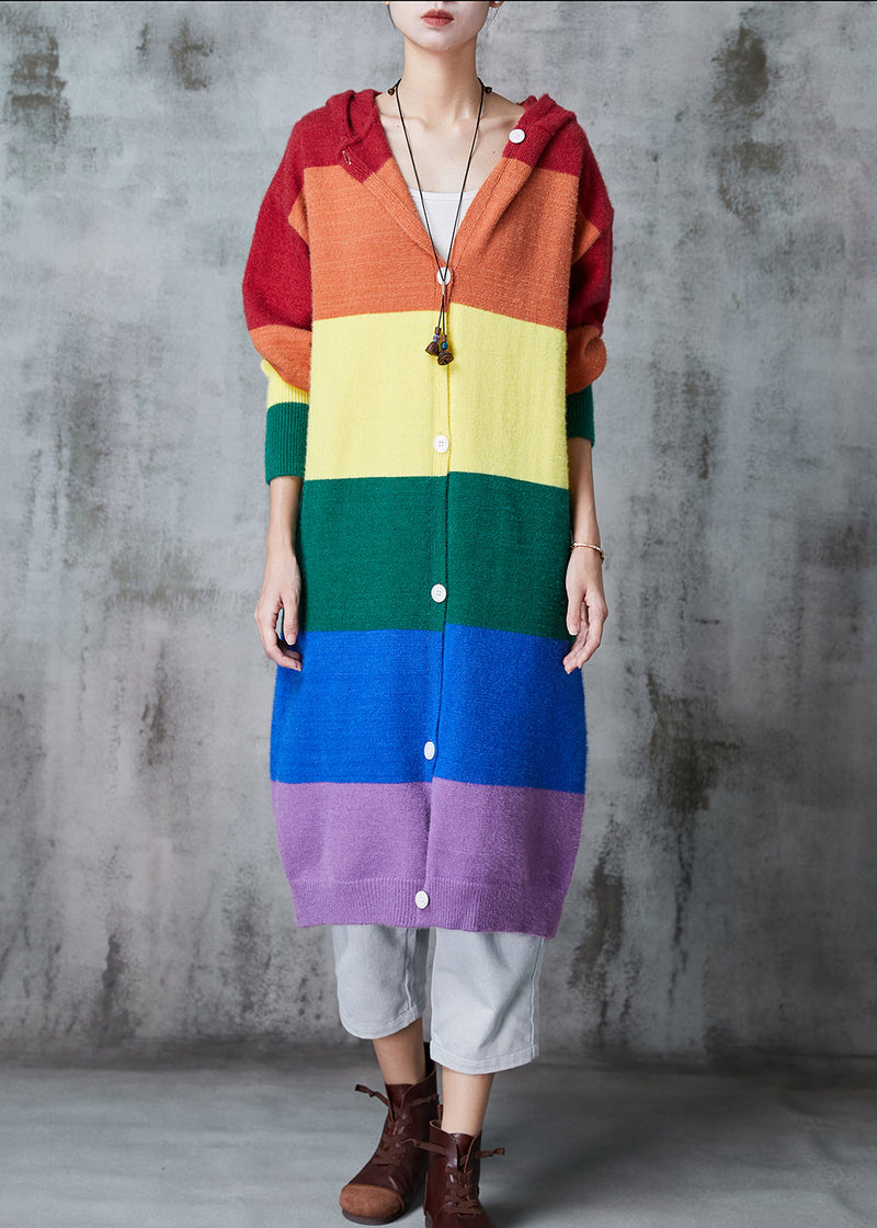 Rainbow Hooded Patchwork Knit Long Cardigans Spring