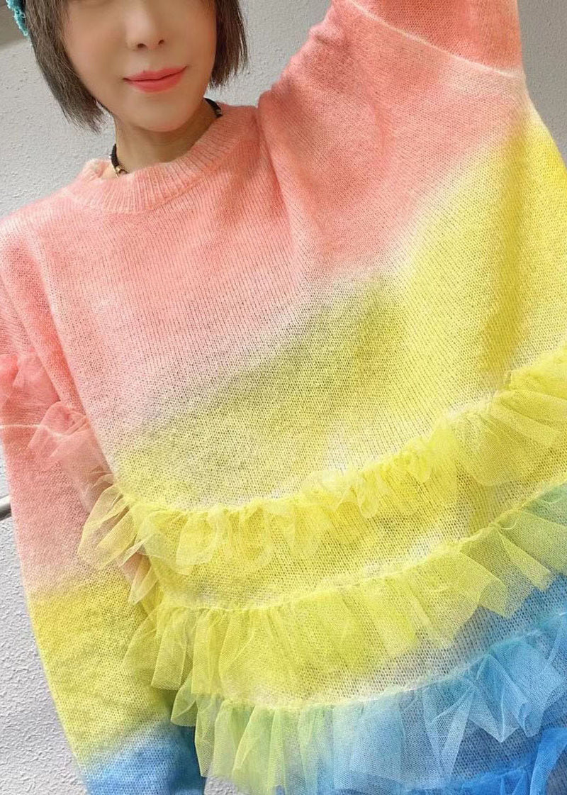 Rainbow O-neck Ruffles Knit Fall Loose Long Sweater