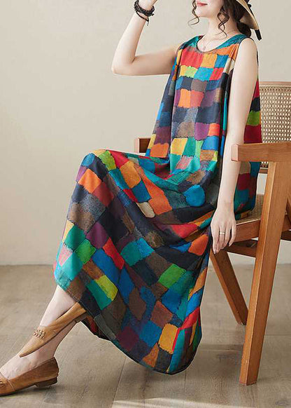 Rainbow Plaid O-neck Maxi Dress Summer