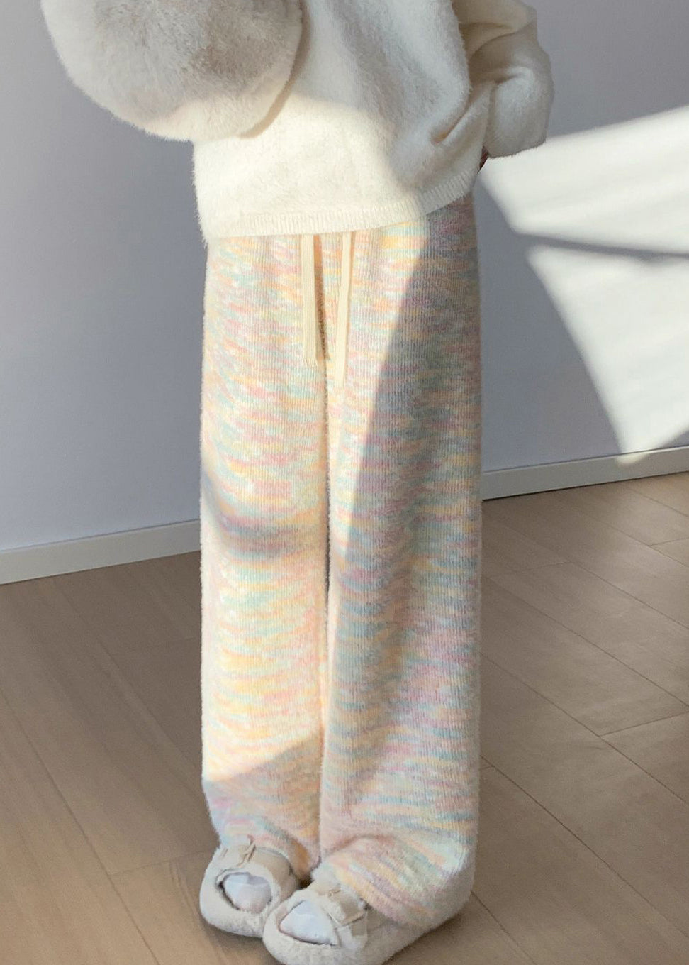 Rainbow Print Elastic Waist Warm Fleece Straight Pants Winter