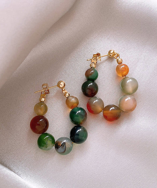 Rainbow Sterling Silver Alloy Gem Stone Beading Hoop Earrings