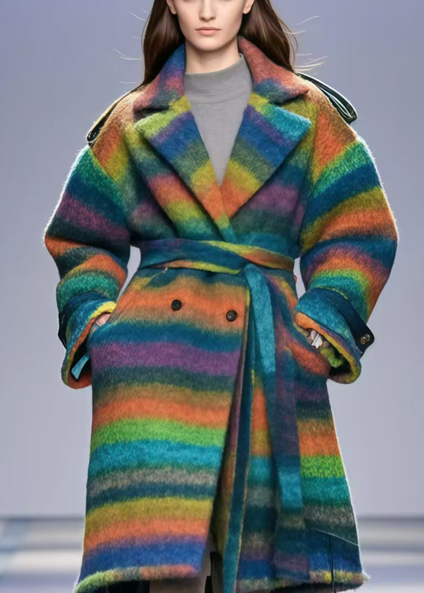 Rainbow Striped Double Breast Thick Woolen Trench Fall