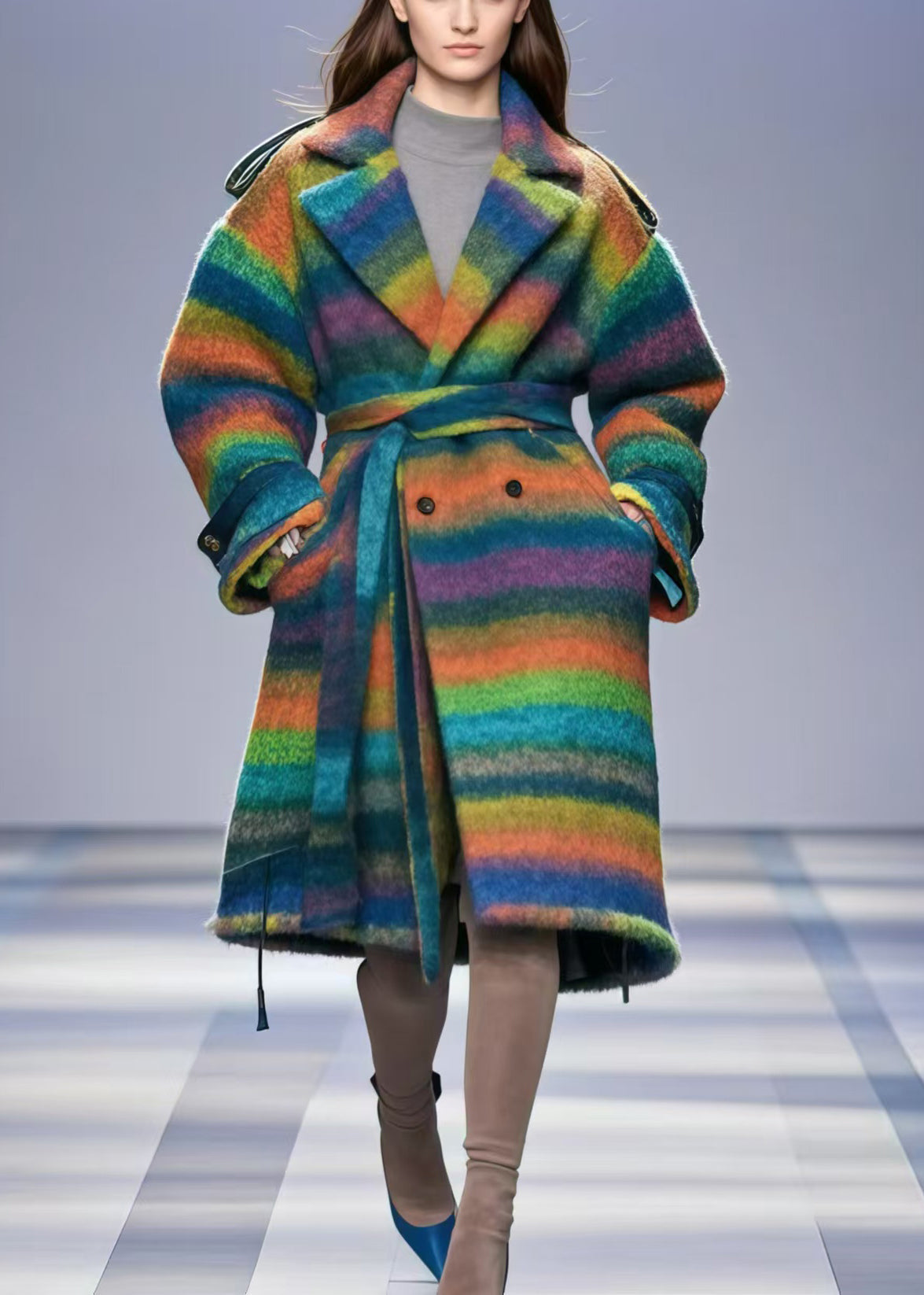 Rainbow Striped Double Breast Thick Woolen Trench Fall