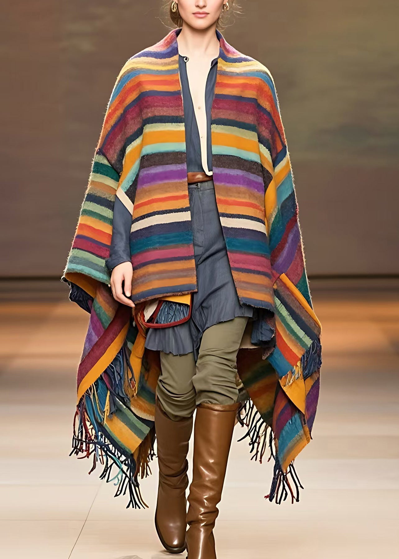 Rainbow Striped Low High Design Tassel Woolen Coats Long Sleeve