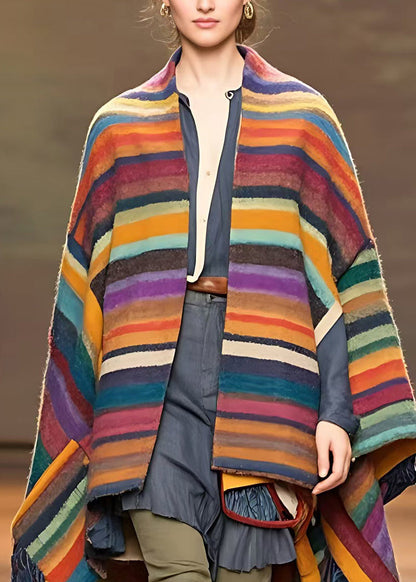 Rainbow Striped Low High Design Tassel Woolen Coats Long Sleeve