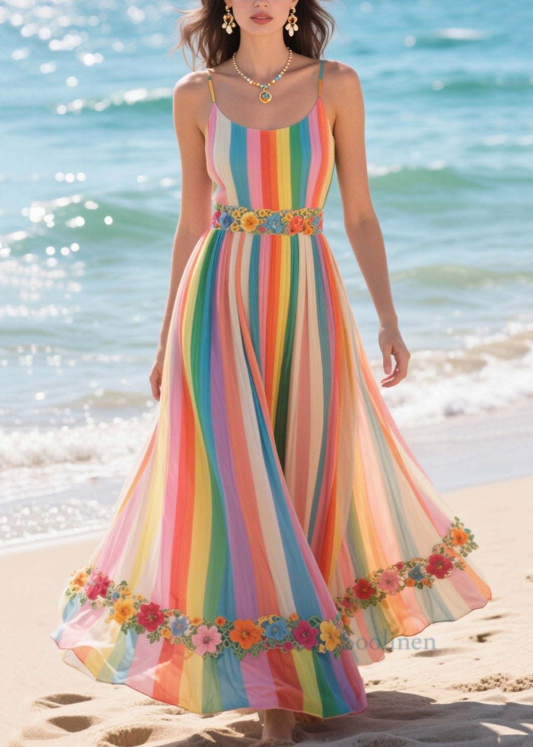 Rainbow Striped Patchwork Flower Chiffon Sundress Summer