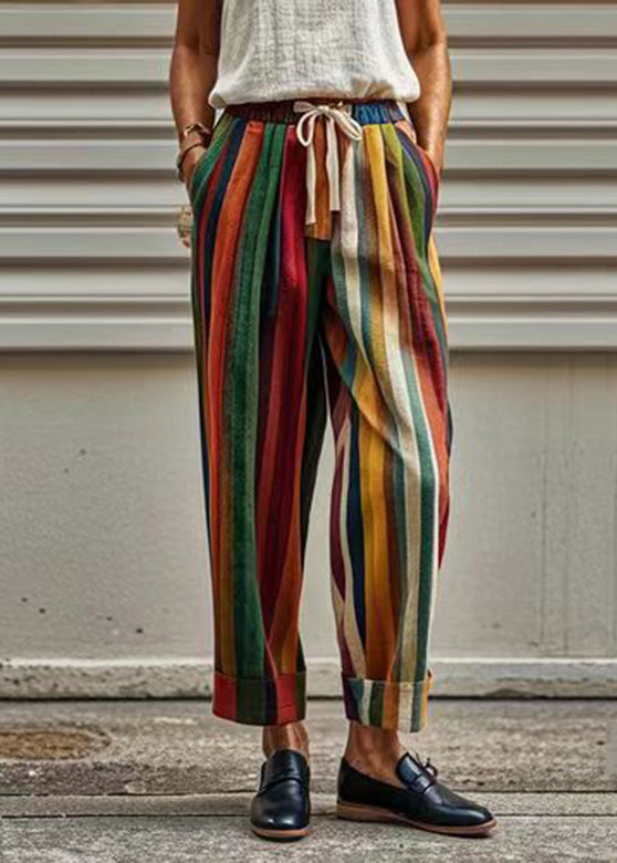 Rainbow Striped Pockets Tie Waist Crop Pants Summer