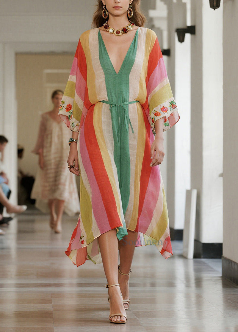 Rainbow Striped Tie Waist Cotton Tunic Dresses Summer