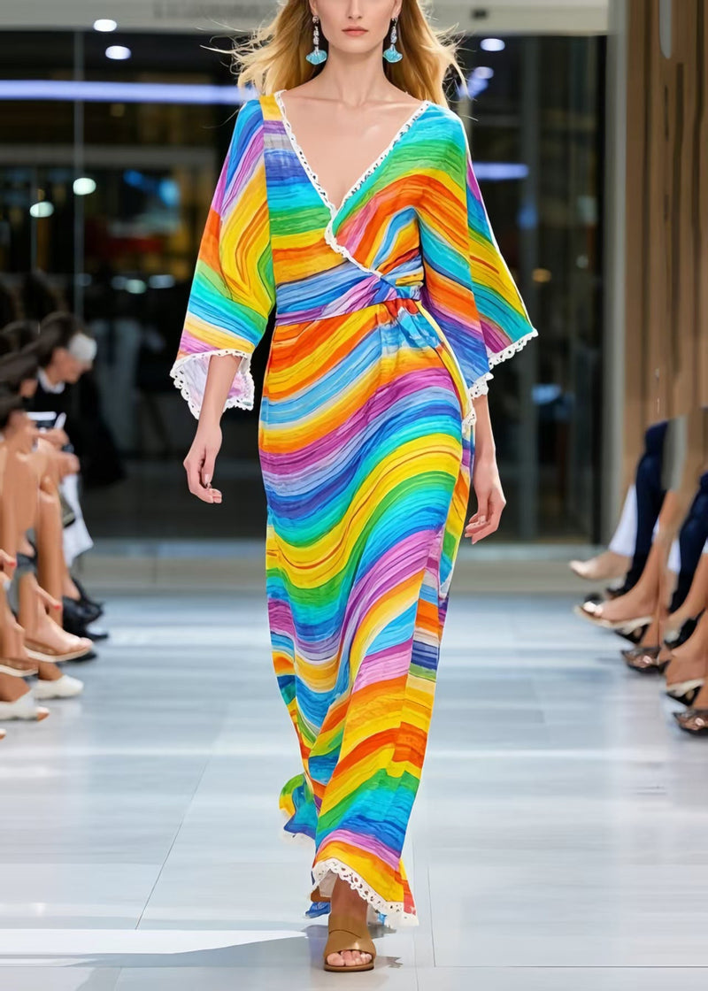 Rainbow V Neck Striped Chiffon Dress Summer