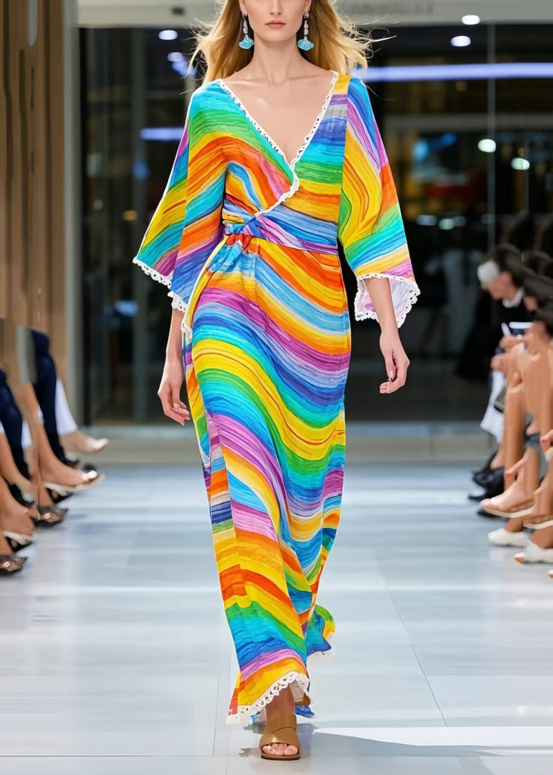 Rainbow V Neck Striped Chiffon Dress Summer