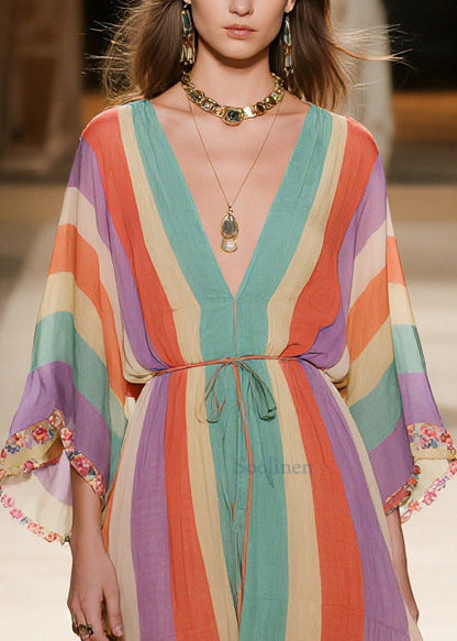 Rainbow V Neck Striped Chiffon Holiday Dress Summer