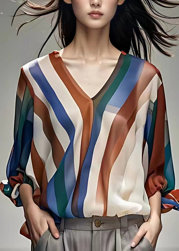 Rainbow V Neck Striped Chiffon Shirts Long Sleeve