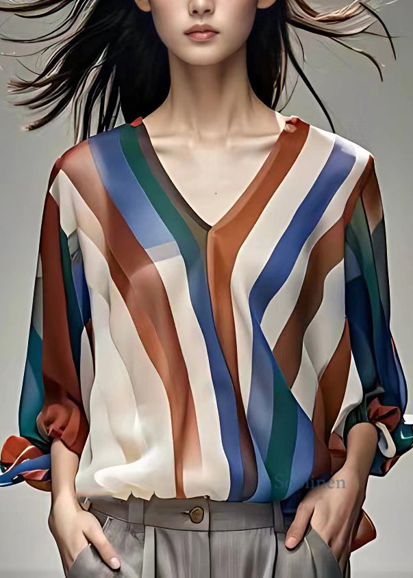 Rainbow V Neck Striped Chiffon Shirts Long Sleeve