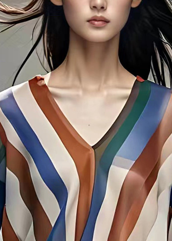 Rainbow V Neck Striped Chiffon Shirts Long Sleeve