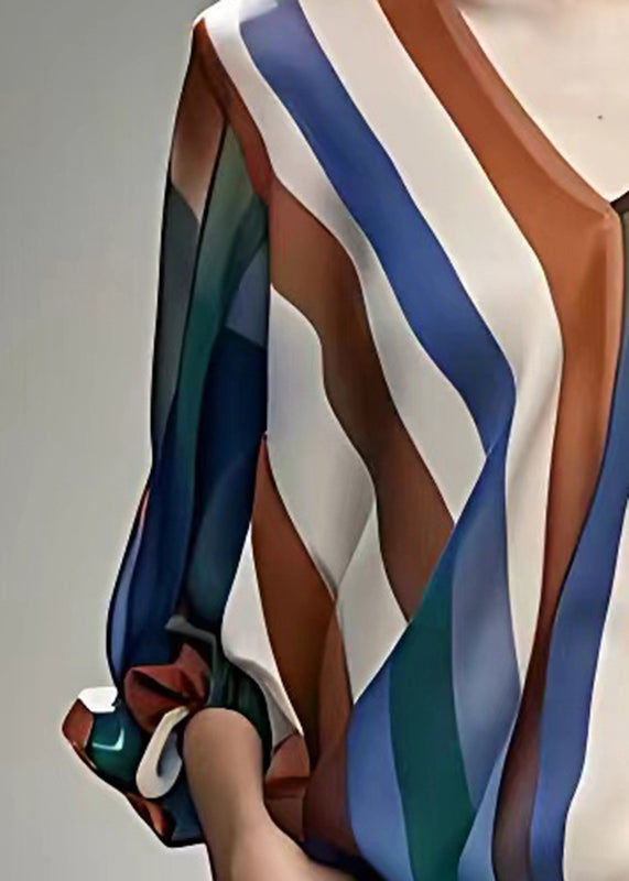 Rainbow V Neck Striped Chiffon Shirts Long Sleeve