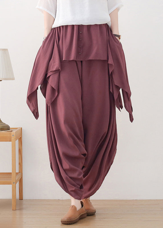 Red Asymmetrical Button Cotton Wide Leg Pants Skirt Fall