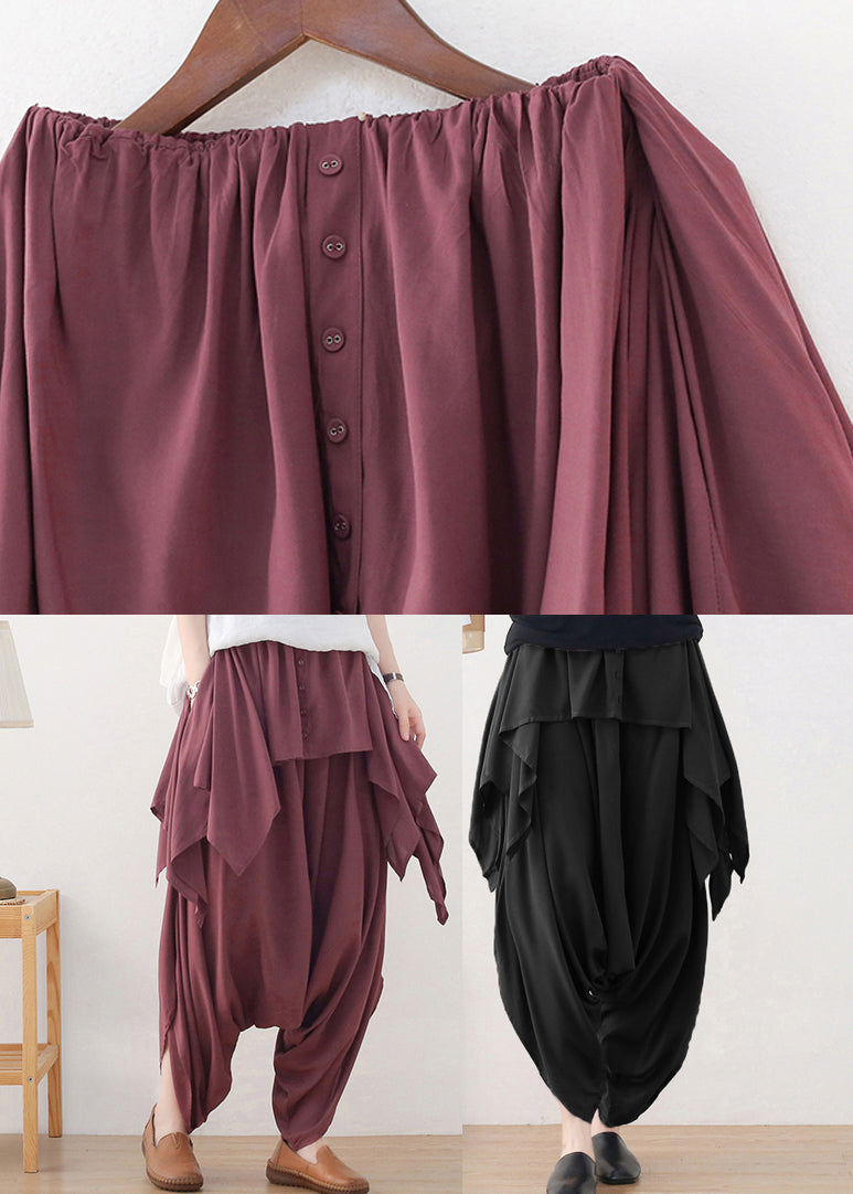 Red Asymmetrical Button Cotton Wide Leg Pants Skirt Fall