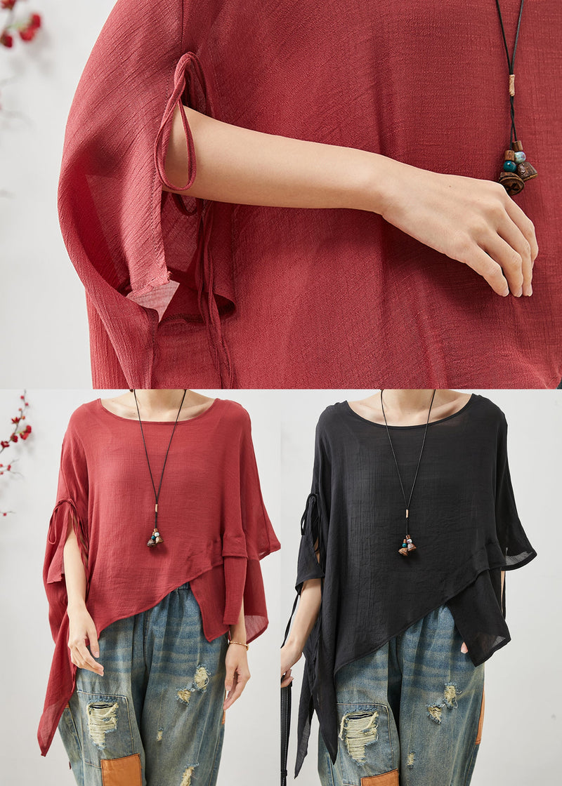 Red Asymmetrical Design Cotton Loose Tops Summer