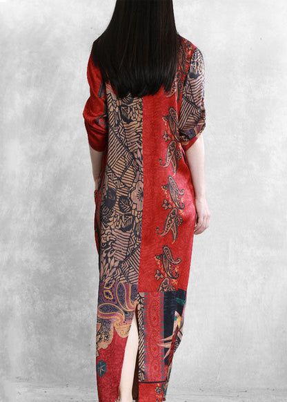Red Asymmetrical Pockets Print Patchwork Silk Long Dress Summer