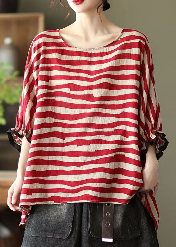 Red Asymmetrical Striped Cotton Pullover Spring