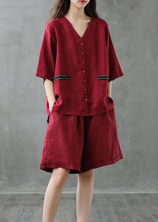 Red Button Patchwork Tops and Shorts Linen Two Pieces Set Summer