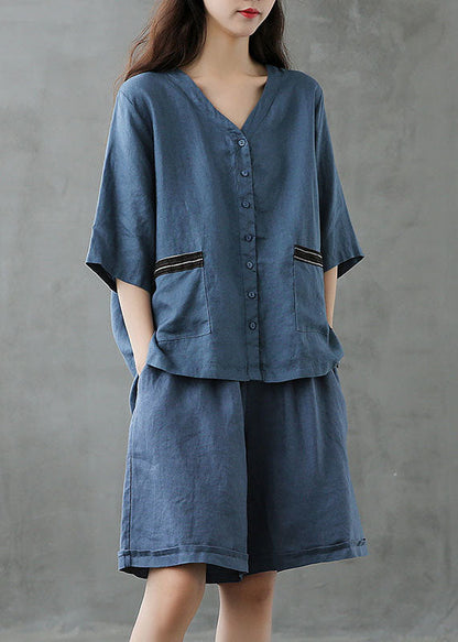 Red Button Patchwork Tops and Shorts Linen Two Pieces Set Summer