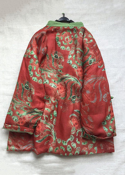 Red Button Print Cotton Filled Coats Long Sleeve
