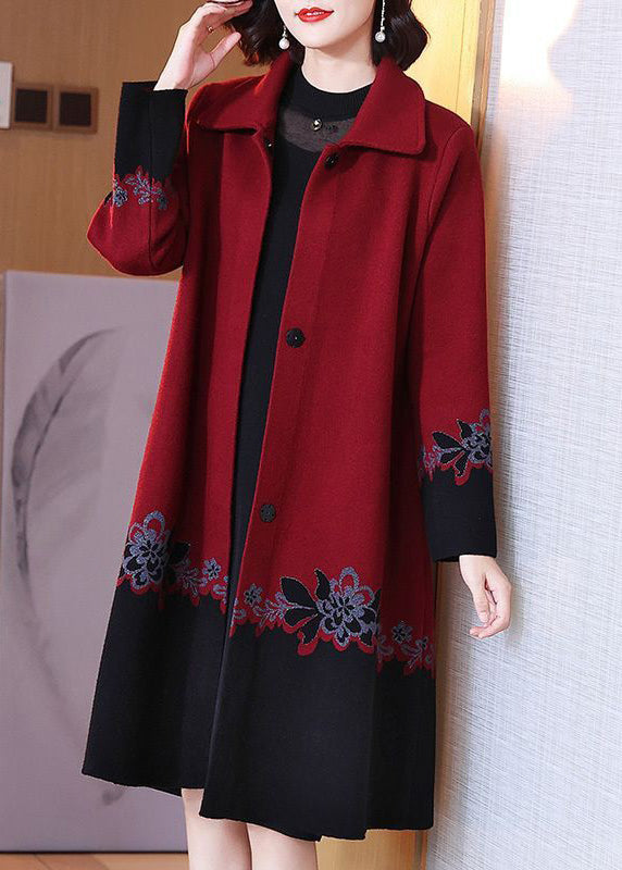 Red Button Print Patchwork Cotton Knit Coats Long Sleeve