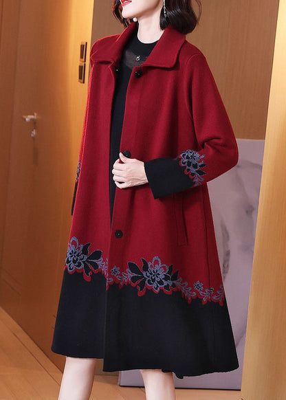Red Button Print Patchwork Cotton Knit Coats Long Sleeve