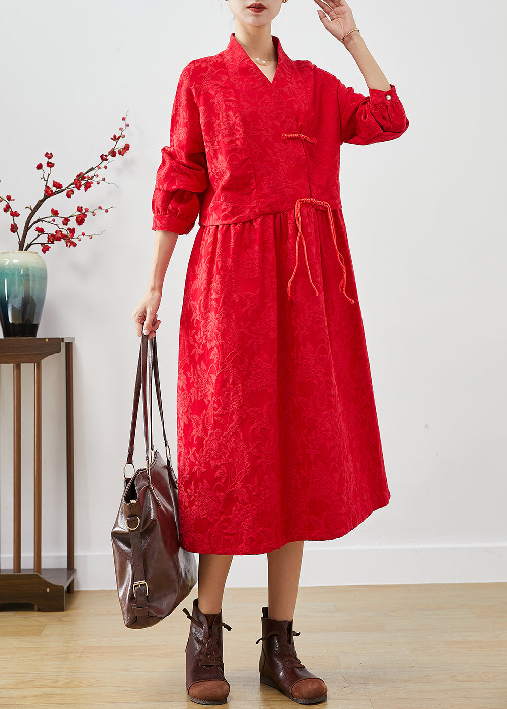 Red Chinese Button Jacquard Dresses Fall
