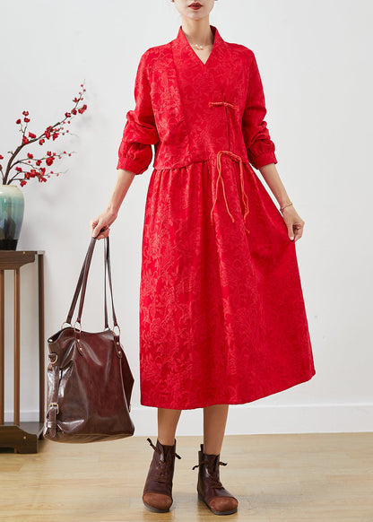 Red Chinese Button Jacquard Dresses Fall