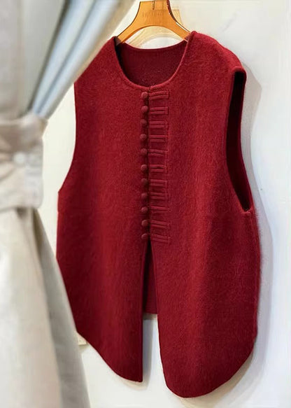 Red Chinese Button Side Open Knit Vests Winter