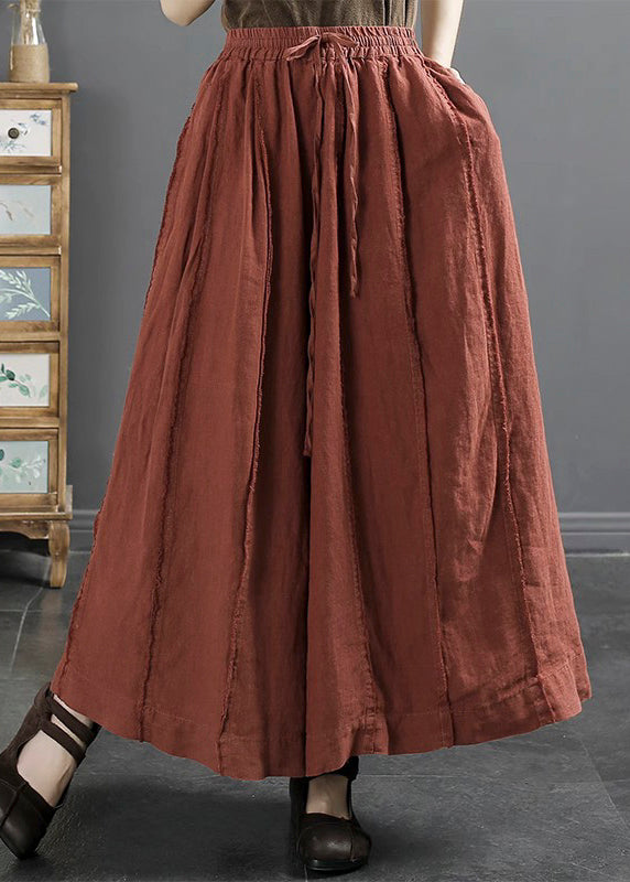Red Elastic Waist Lace Up Linen Wide Leg Pants Fall