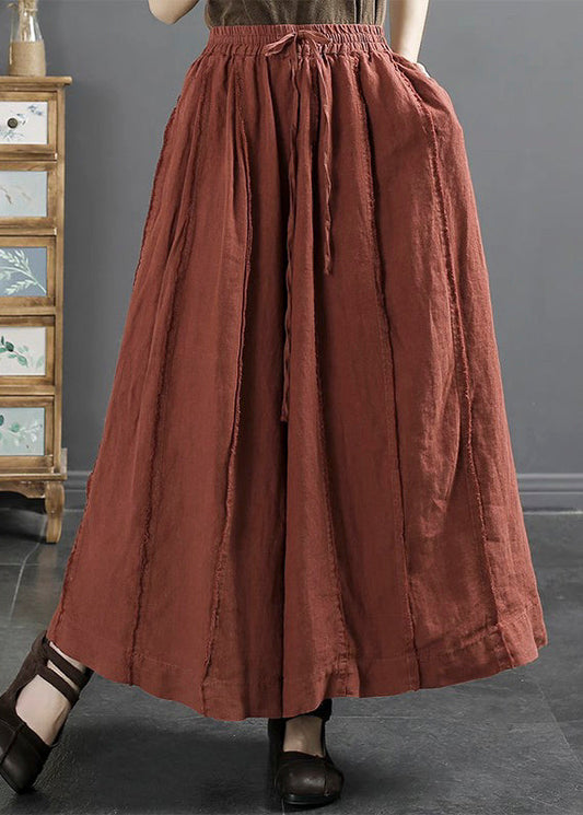 Red Elastic Waist Lace Up Linen Wide Leg Pants Fall