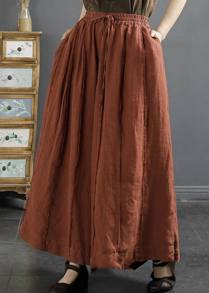 Red Elastic Waist Lace Up Linen Wide Leg Pants Fall