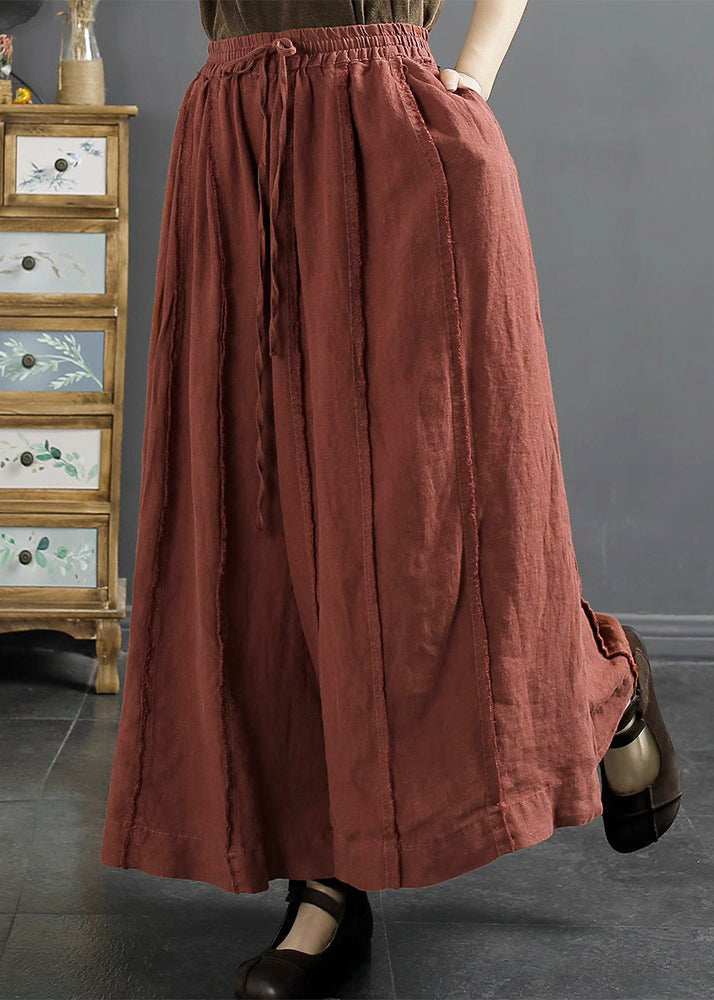 Red Elastic Waist Lace Up Linen Wide Leg Pants Fall
