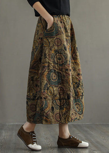 Black - Texture Elastic Waist Patchwork Print Fine Cotton Filled Skirt Winter